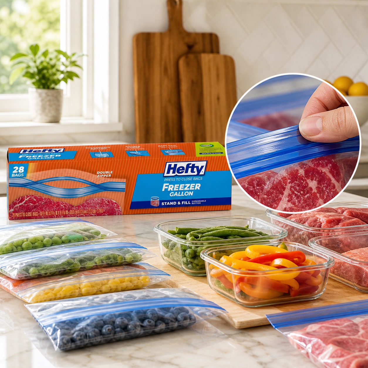 Meal Prep Fit - 28オンス ガロン冷凍庫用食品保存袋、押して閉じるシール付き、耐久性のある漏れ防止キッチン用食品保存袋