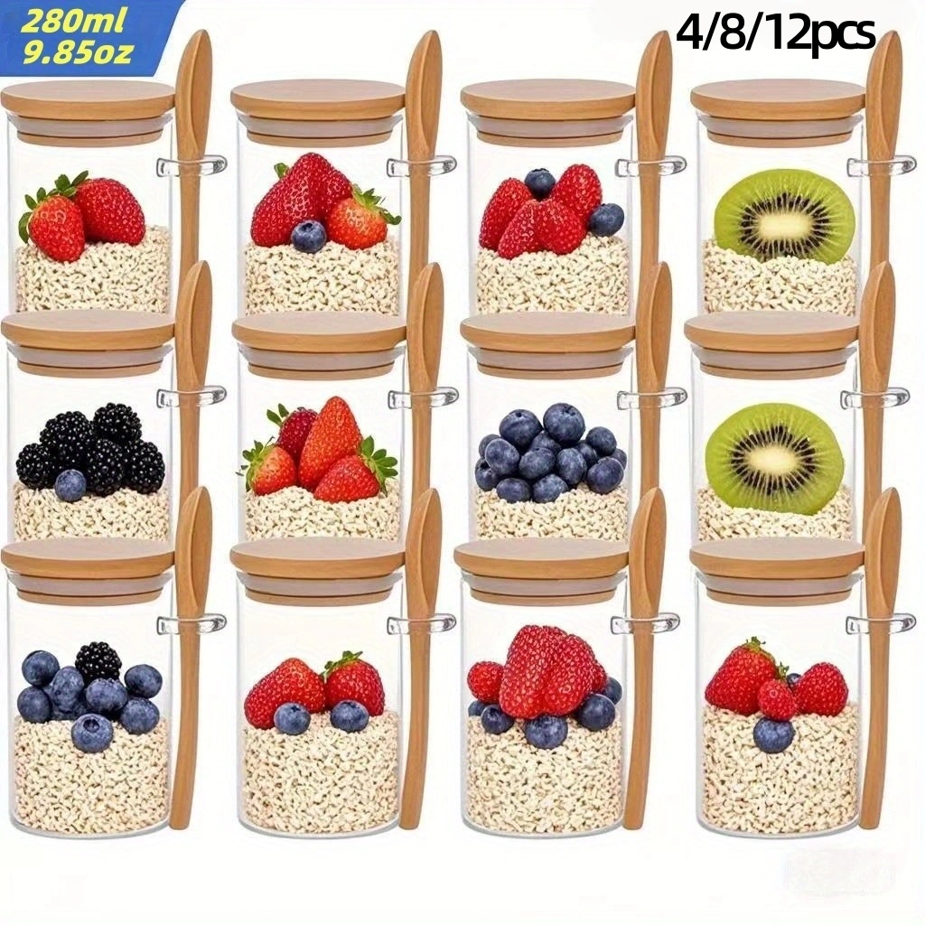 Meal Prep Yogurt Containers - 4/8/12個入り、蓋付きオートミール朝食カップ（9.85オンス/280ml）、ミールプレップ容器、チアシード、プリン、ヨーグルトに適したガラス瓶