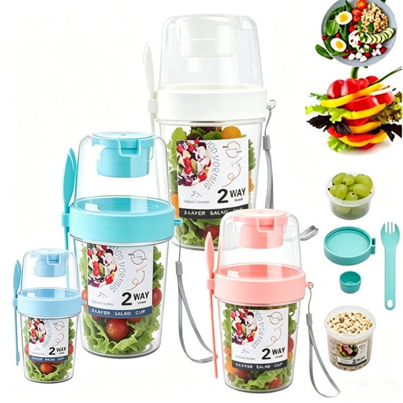 Meal Prep Yogurt Containers - ポータブルサラダカップ ダブルオートミールカップ ヨーグルトナッツ脂肪低減野菜フルーツボックスカップ 蓋付きスプーン付き 朝食ランチボックス