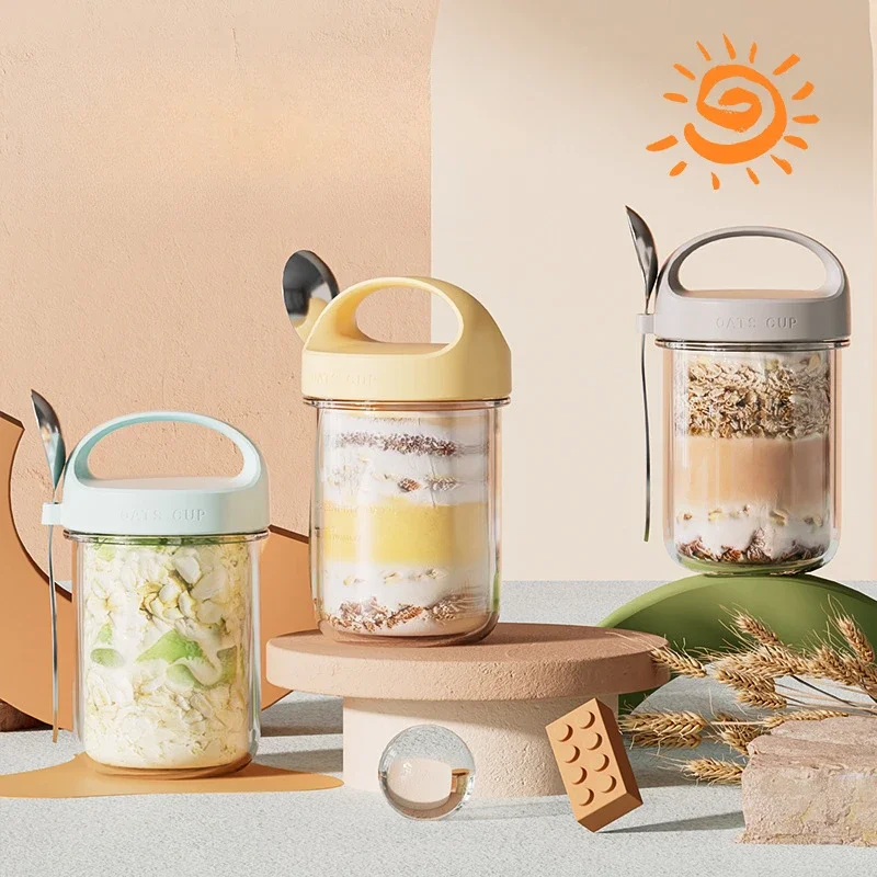 Meal Prep Yogurt Containers - 420 ミリリットル新しい朝食カップオートミールシリアルナッツヨーグルトサラダカップ漏れ防止ガラスオート麦容器蓋スプーン食品収納ボックス