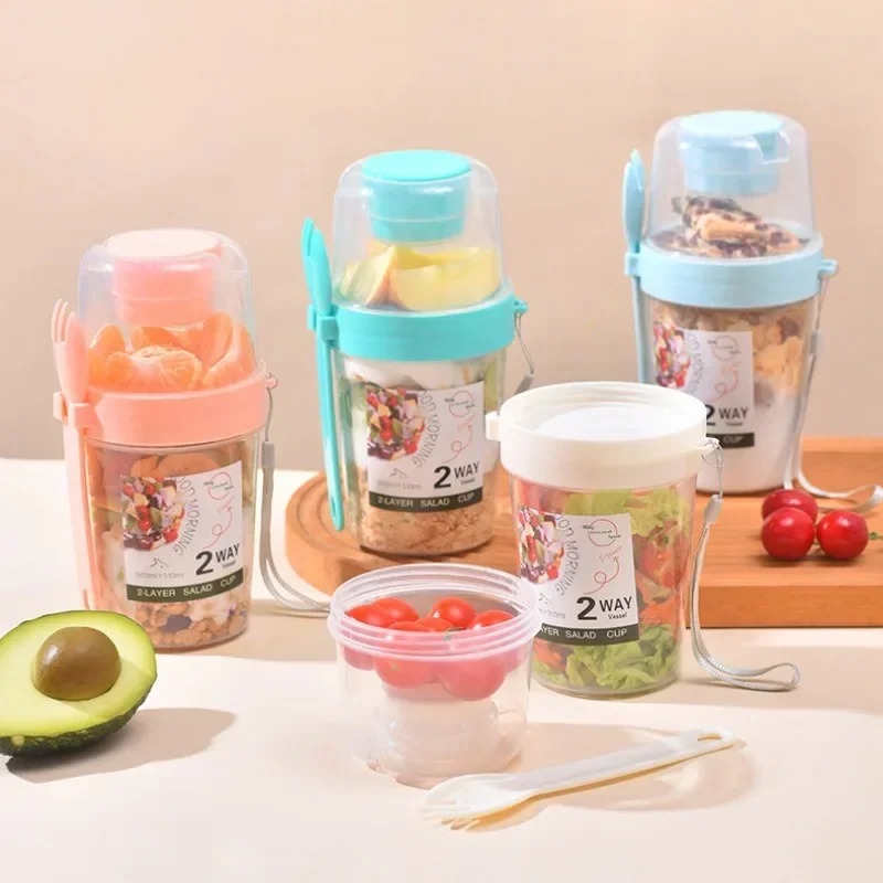Meal Prep Yogurt Containers - ポータブルサラダカップ ダブルオートミールカップ ヨーグルトナッツ 脂肪低減野菜フルーツボックスカップ 蓋付きスプーン付き 朝食ランチボックス
