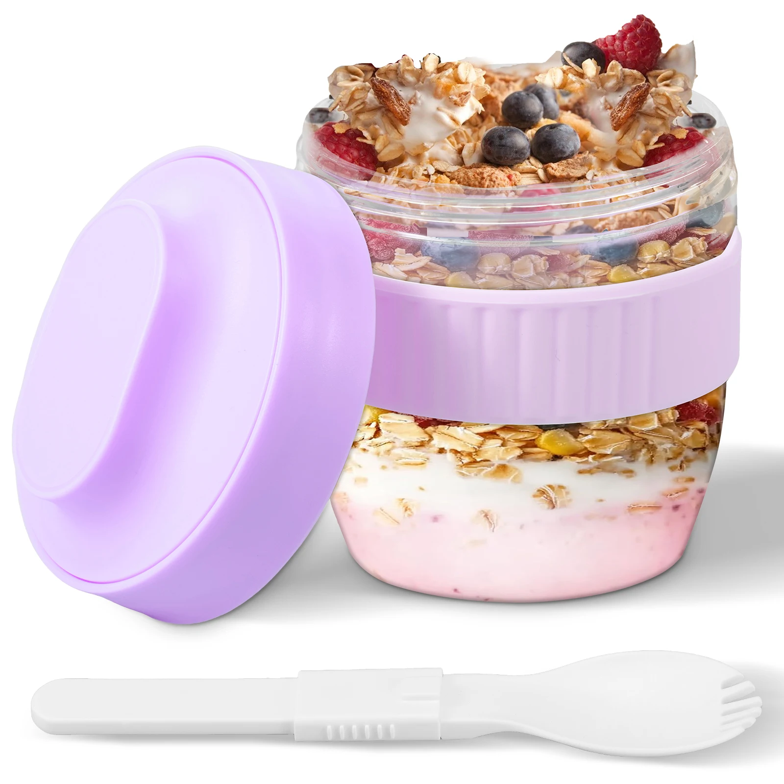 Meal Prep Yogurt Containers - 二層構造のオーバーナイトオーツ容器、蓋とスプーン付き、再利用可能なオーバーナイトオーツジャー、漏れ防止の食事準備用ジャー、オートミール、ヨーグルト用