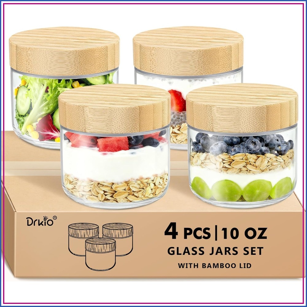 Meal Prep Chia Pudding - 10オンスのオーバーナイトオーツ用容器、竹製蓋付き - 4個入りガラス保存瓶、気密性の高い広口、食事の準備、サラダ、チアシードパウディング、スナック、ヨーグルト用