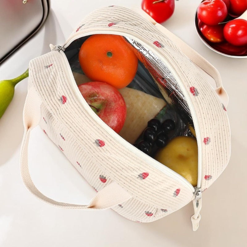 女性用のかわいいコーデュロイランチバッグ、イチゴ柄の断熱再利 - Meal Prep Fit のレビューと価格