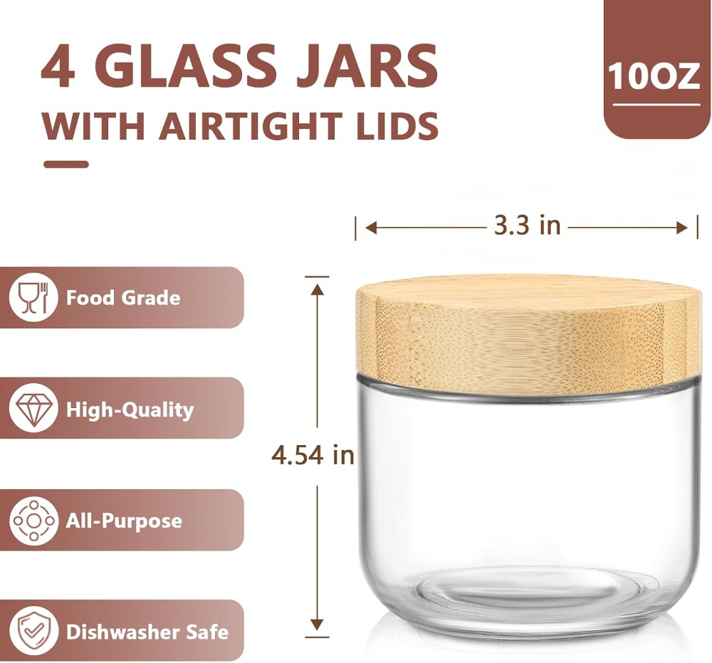 10オンスのオーバーナイトオーツ用容器、竹製蓋付き - 4個 - Meal Prep Chia Pudding のレビューと価格