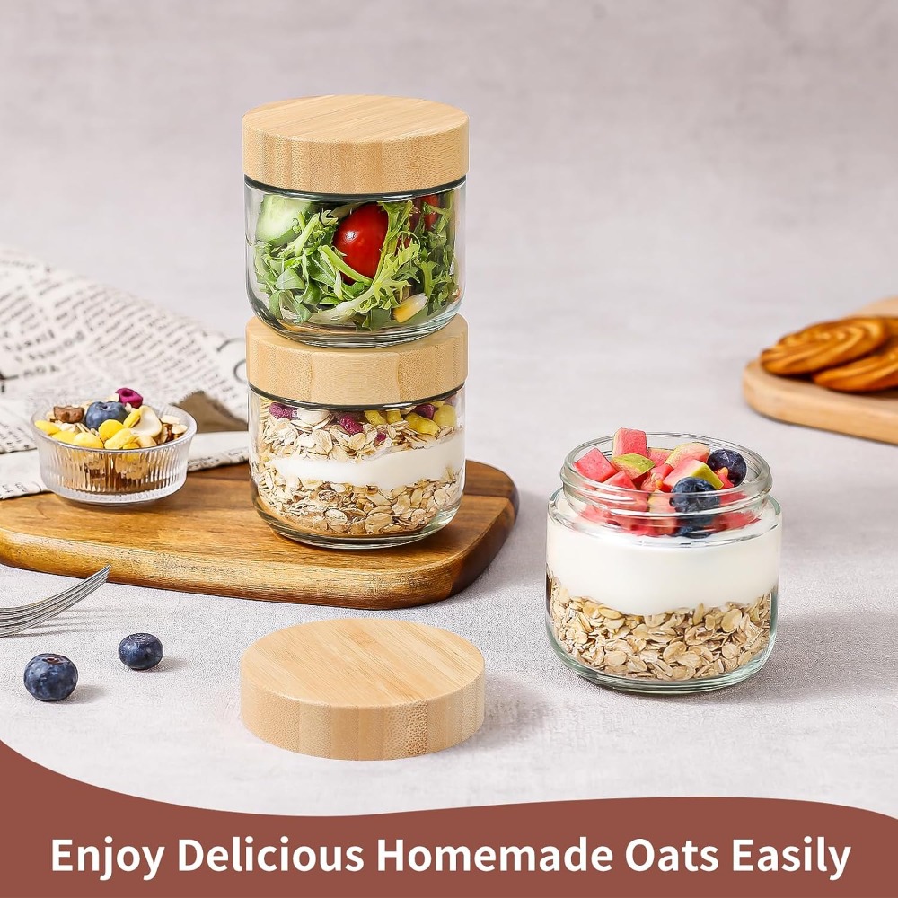 10オンスのオーバーナイトオーツ用容器、竹製蓋付き - 4個 - Meal Prep Chia Pudding のレビューと価格